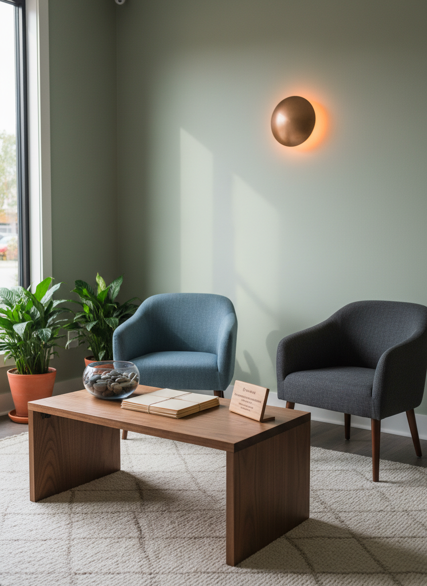 A serene waiting area for a psychotherapy and impaired driving assessment practice, captured in photographic realism with no people. A low walnut coffee table holds neatly stacked, blank folders, a subtle glass bowl of river stones, and a small signboard turned away so words are illegible yet implying professional information. Two upholstered chairs in muted blue and gray sit nearby, with a soft woven rug anchoring the space. Indirect natural light from a side window and a warm wall sconce create a gentle, welcoming glow. Composed using the rule of thirds from an eye-level angle, the scene feels professional yet comforting, suggesting a judgment-free, confidential environment where clients can feel at ease before their assessment.