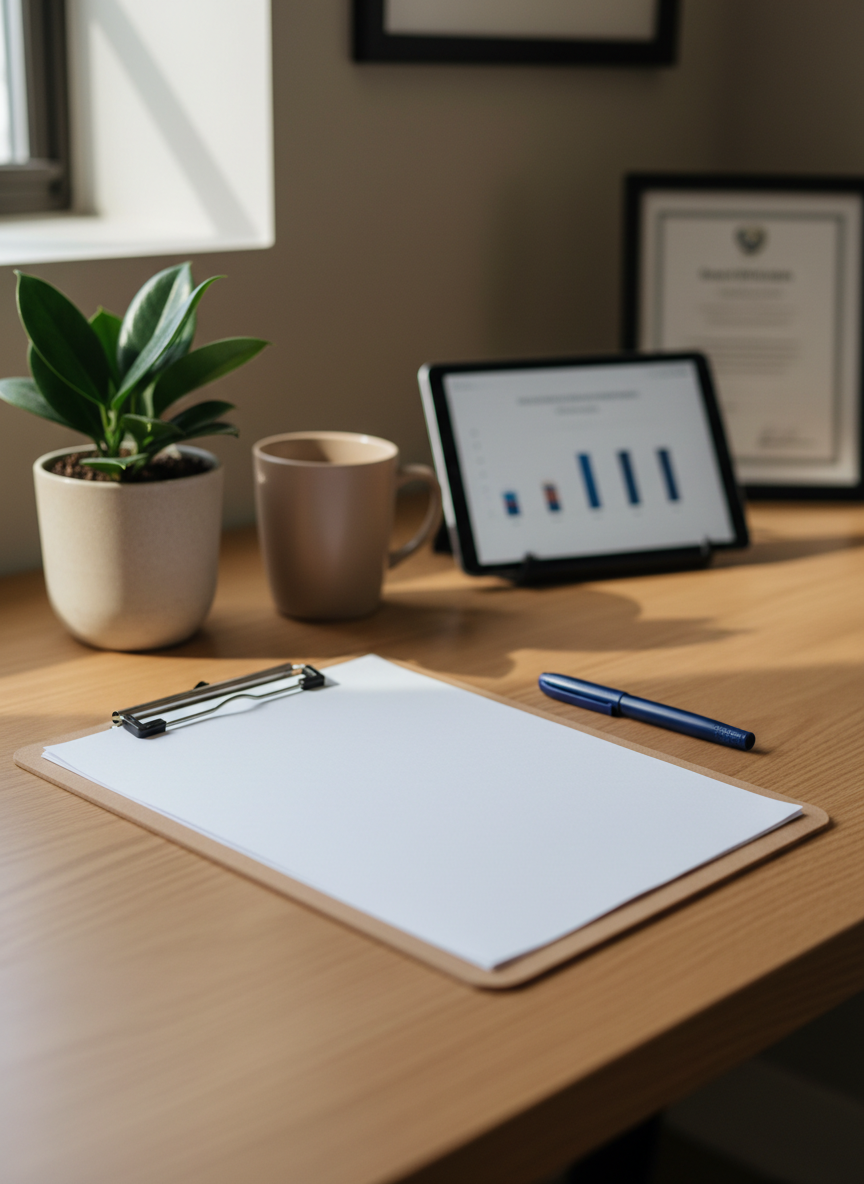 A close-up, photographic view of a neatly organized assessment workspace for impaired driving evaluations, with no people present. On a smooth oak desk sit a blank clipboard with crisp white forms turned slightly away to avoid legible text, a capped navy-blue pen, and a digital tablet displaying a softly blurred chart. A small potted plant with deep green leaves and a simple sand-textured ceramic mug add warmth. Soft overhead lighting combines with diffused window light, casting gentle shadows and subtle highlights on the paper edges. Shot from a slightly elevated angle with shallow depth of field, the mood is calm, orderly, and reassuring, conveying a structured, NYS-compliant clinical process that feels approachable rather than intimidating.